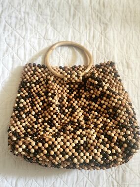 Vintage Hand-Beaded Wooden Bead Tote Bag in Brown Mix